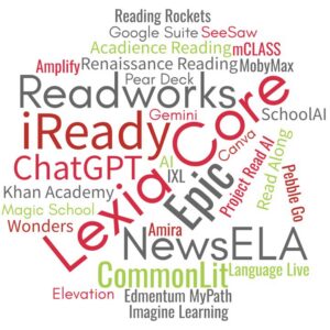 alt=" National Leadership Cohort Technologies Used: Lexia Core (4), iReady (3), Epic (3), NewsELA (3), Readworks (3), CommonLit (2), ChatGPT (2), Acadience Reading, AI, Amplify, Amira, Canva, Edmentum MyPath, Elevation, Google Suite, Imagine Learning, , IXL, Khan Academy, Language Live, Magic School, mCLASS (Amplify), MobyMax, Pear Deck, Pebble Go, Project Read AI, Reading Rockets, Renaissance Reading, SchoolAI, SeeSaw, Wonders, Gemini, Read Along."