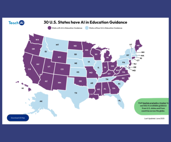 Map of US with 30 states highlighted because they have developed AI in Education Guidance as of June 2025